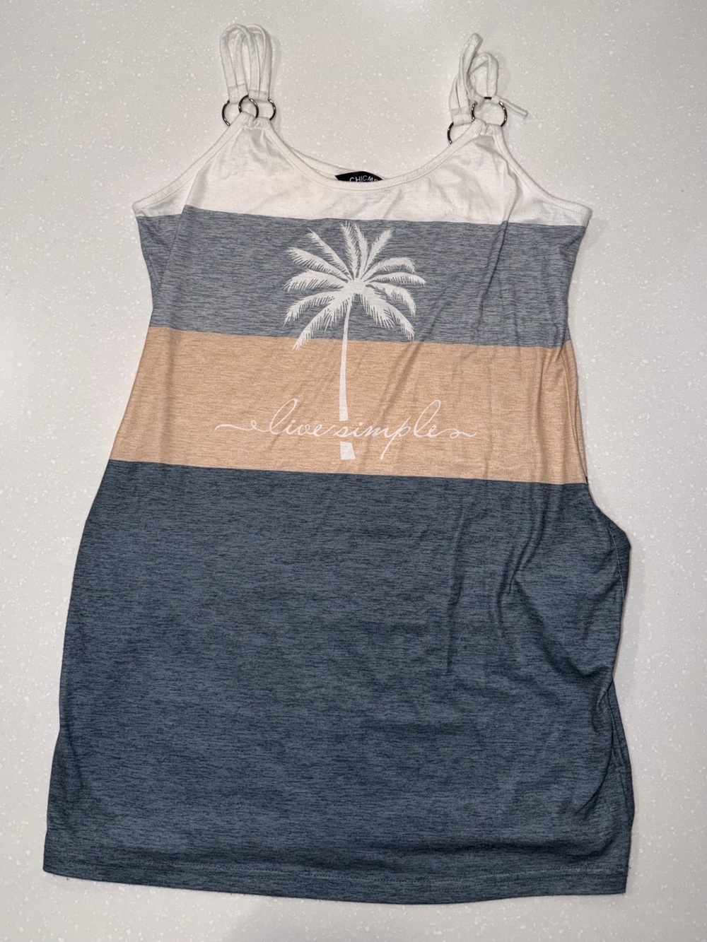 chic White, Gray & Tan Palm Stripe Tank Top